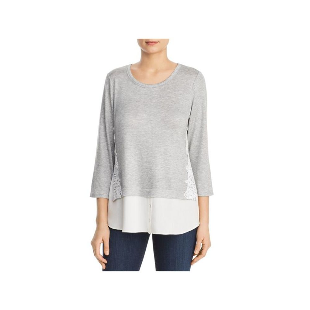 STATUS BY CHENAULT Womens Gray 3/4 Sleeve Jewel Neck Top S